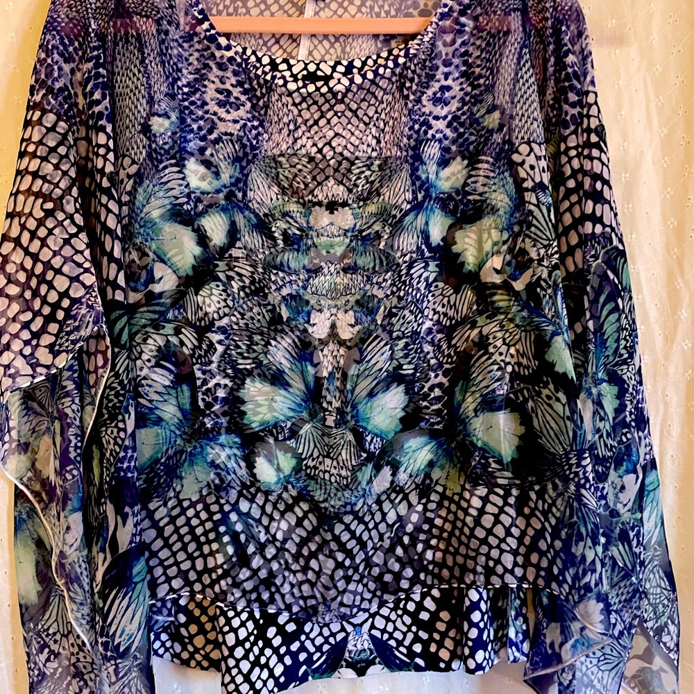 🟢🦋Cool Breezy Sheer Butterfly Blue Top with M atching Tank Top